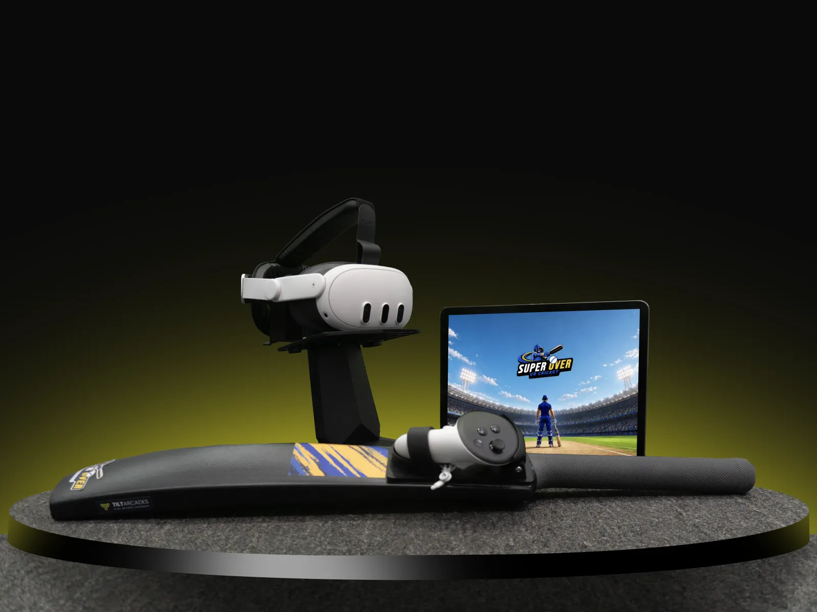 SuperOver VR Cricket kit: Meta Quest 3 on a stand, SuperOver bat with controller mount and operator tablet